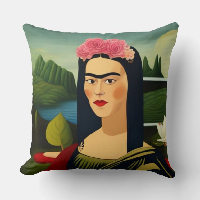Coussin Frida Kahlo en tant qu'oreiller à lancer Mona Lisa (Recto)