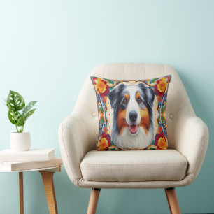 Coussin Frontière colorée fleurie du chien berger australi