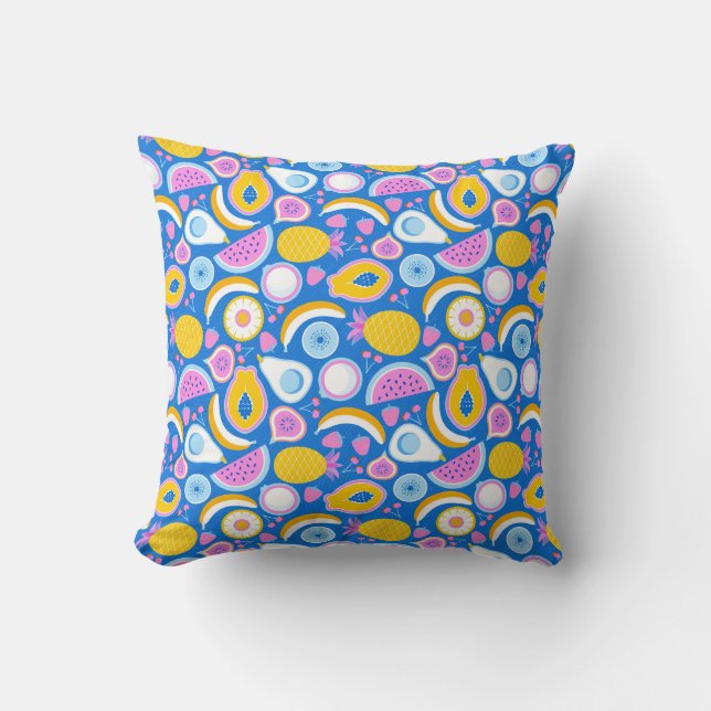 Coussin Fruits tropicaux juteux - arrière - plan bleu (Recto)