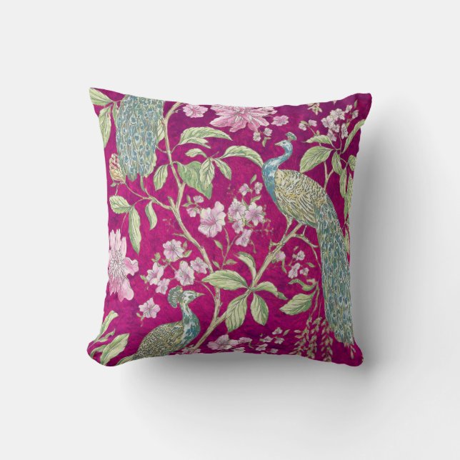 Coussin Fuchsia Chinoiserie paon floral (Recto)