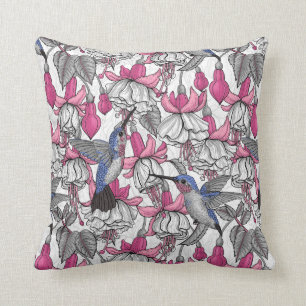 Coussin Fuchsia et colibris blancs