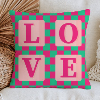 Coussin Fuchsia Rose & Vert Damier Motif Amour 