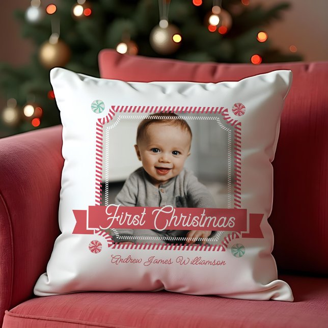Coussin Fun Candy premier Sucre de canne de Noël Cadre pho (Fun Candy First Christmas Candy Cane Photo Frame Throw Pillow)