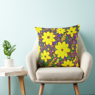 Coussin Fun Jaune Retro Daisy Colorful Foliing