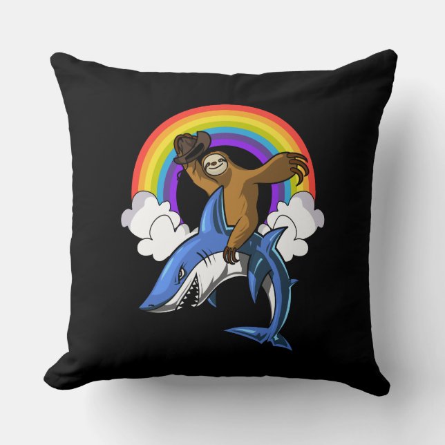Coussin Funny Sloth Cowboy Riding Ocean Shark Rainbow (Recto)
