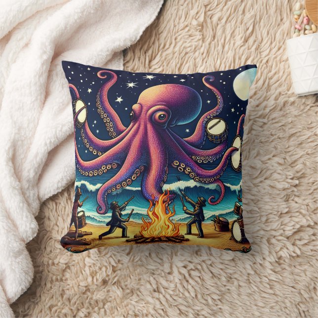 Coussin Fûts de pieuvre au feu de camp de plage (Couverture)
