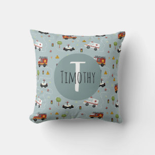 Coussin Garçons Cute Fire Camion & Police Voiture et nom E