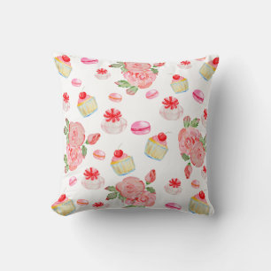 Coussin Gâteaux sucrés et roses en aquarelle