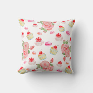 Coussin Gâteaux sucrés et roses en aquarelle