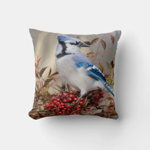 Coussin Geai bleu dans le bambou céleste Nandina