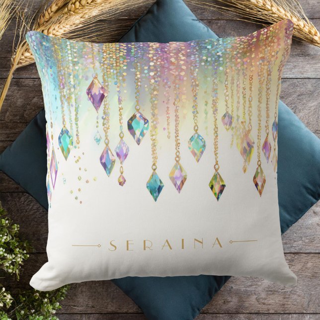 Coussin Gemmes Boho Iridescentes sur White ID1035 (Créateur téléchargé)