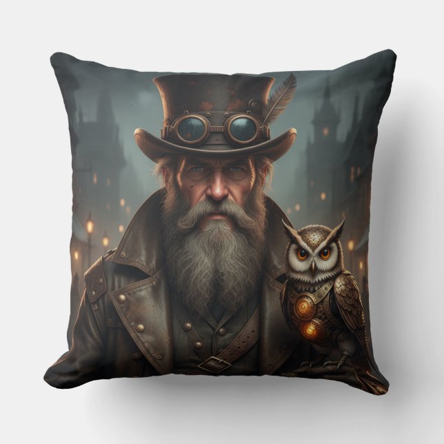 Coussin Gentleman Steampunk avec hibou (Recto)
