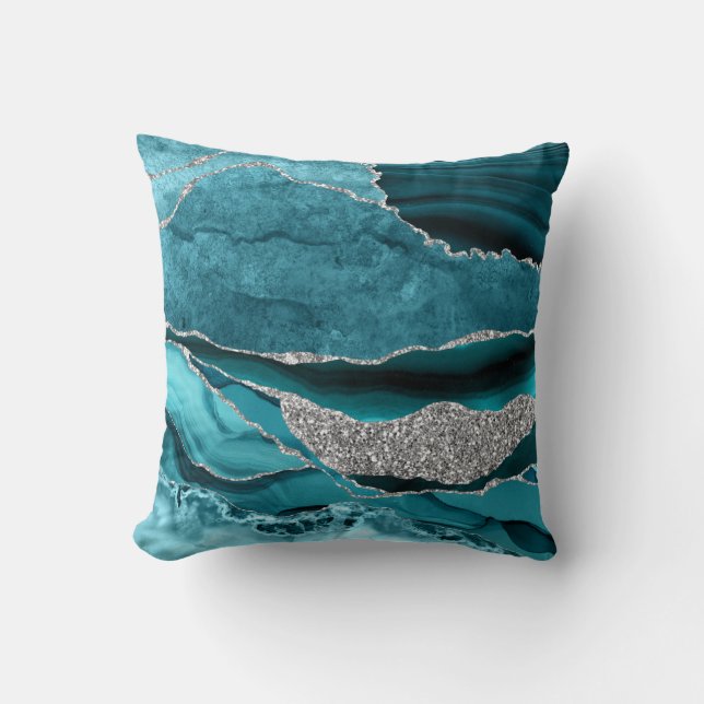 Coussin Géode d'agate de luxe pailleté bleu sarcelle argen (Recto)