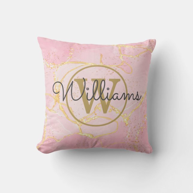 Coussin Géode d'agate rose Monogramme or Nom (Recto)
