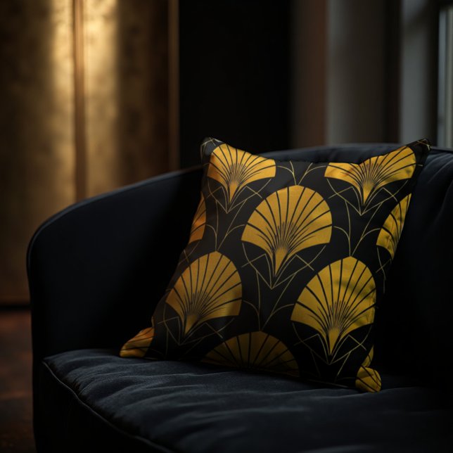 Coussin Géométrie Ventilateur Art Déco - Luxe Déco Noir &  (Bold Art Deco luxury. Black & gold geometric fan motif for sophisticated interiors.)