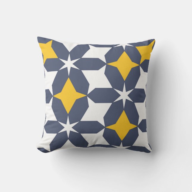 Coussin Géométrique, abstrait, bleu marine, blanc, jaune (Recto)