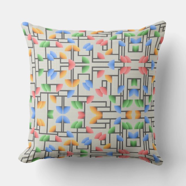 Coussin Géométrique Abstrait, Bleu, Or, Corail, Vert (Recto)