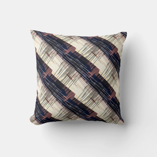 Coussin géométrique, abstrait, rayé, bleu, beige, marron, (Recto)