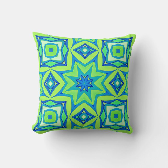 Coussin Géométrique étoile Abstraite - Vert chaux et bleu (Recto)