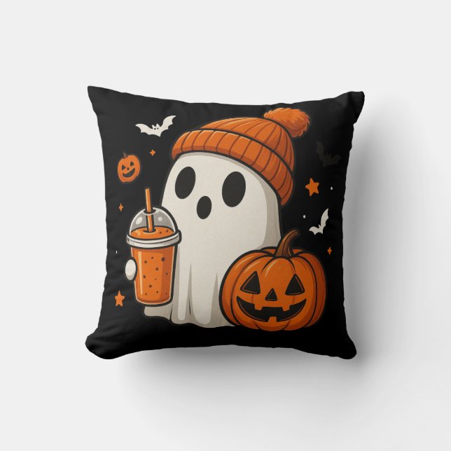 Coussin Ghost d'Halloween mignonne avec Citrouille et boir (Recto)