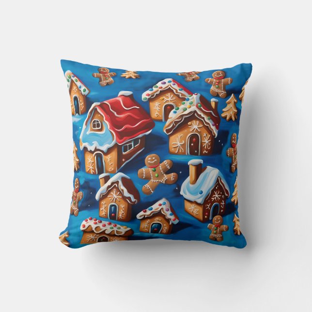 Coussin Gingembre de Noël Cookies Maisons Arbres Vacances  (Recto)
