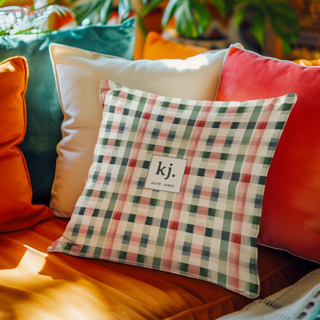 Coussin Gingham Monogramme Émeraude Douce (Créateur téléchargé)
