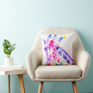 Coussin Girafe Art Aquarelle Violet Mignon Animal De Zoo