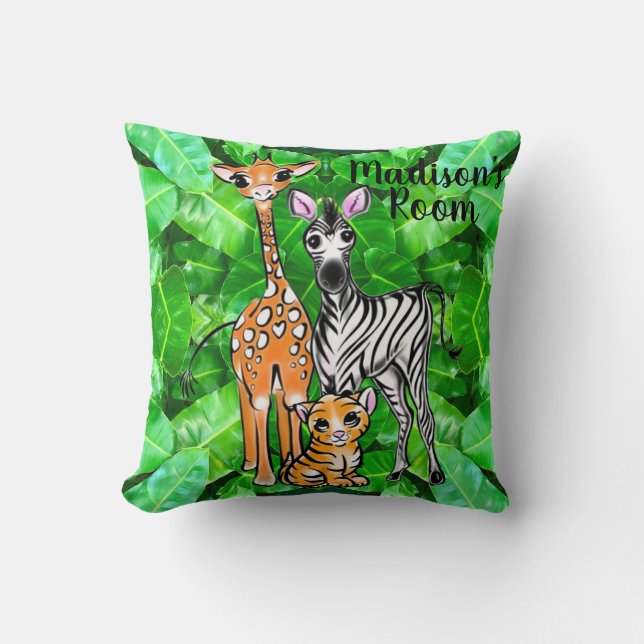 Coussin Girafe zèbre tigre jungle amis (Recto)