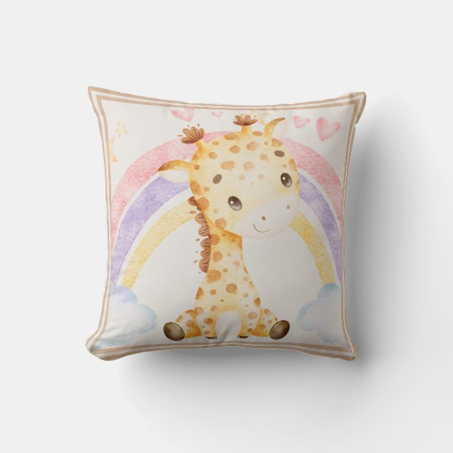 Coussin Giraffe avec Puffy Arc-en-ciel Nuages Coeurs (Recto)