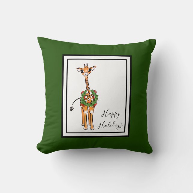 Coussin Giraffe de vacances - rouge et vert couronne de va (Recto)