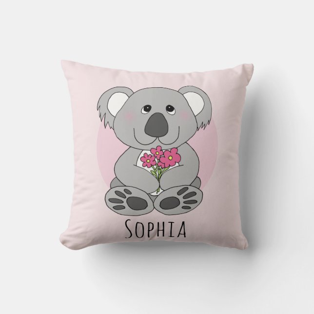 Coussin Girls Cute Koala Ours Dessin et fleurs Nom Enfants (Recto)