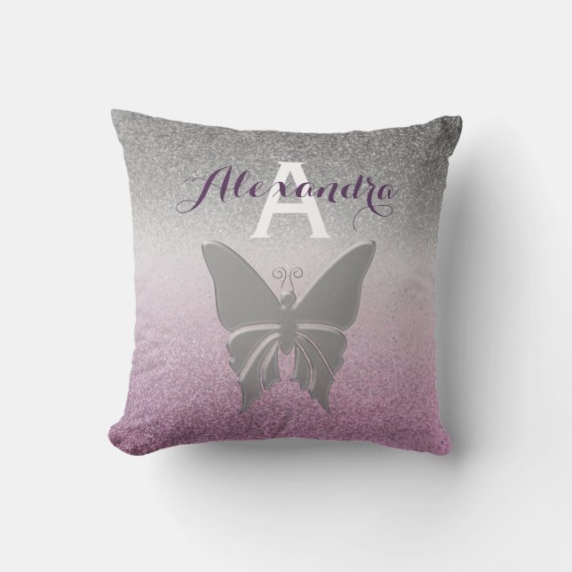 Coussin Girly Argent et Violet Monogrammé (Recto)