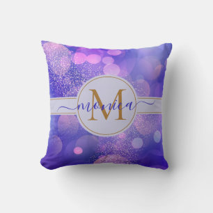 Coussin Girly Blue Bokeh Gold Parties scintillant Nom du m