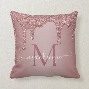 Coussin Girly Rose Gold Sparkle Glitter Drips monogram