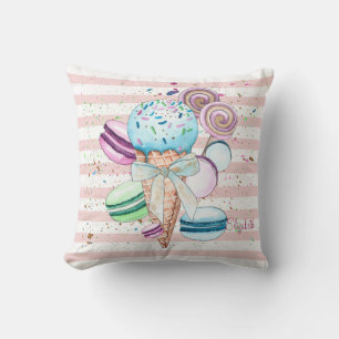 Coussin Glace à l'aquarelle,Macarons,Rayes roses