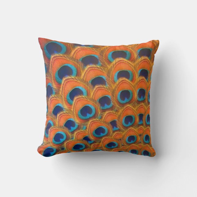 Coussin Glam Boho Orange Blue Peacock Plumes (Recto)
