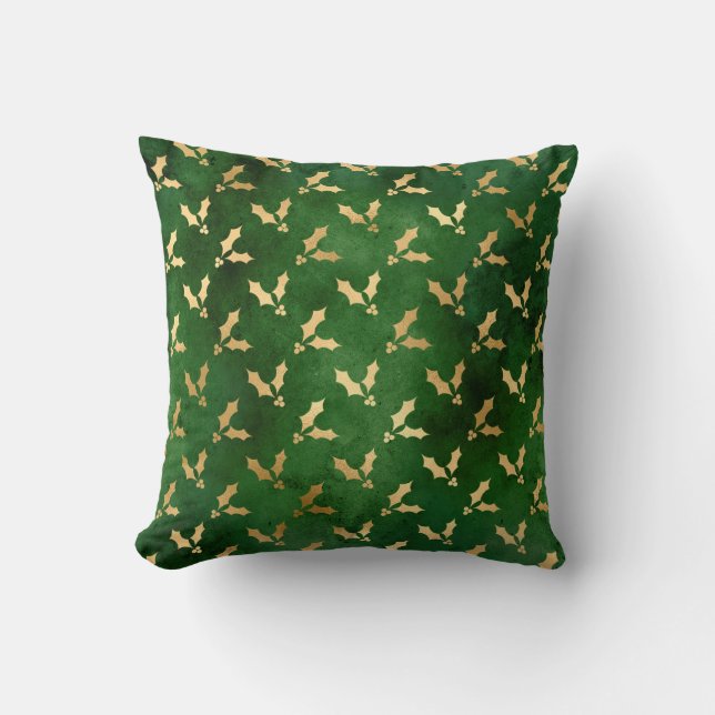 Coussin Glam Green Gold Holly Noël (Recto)