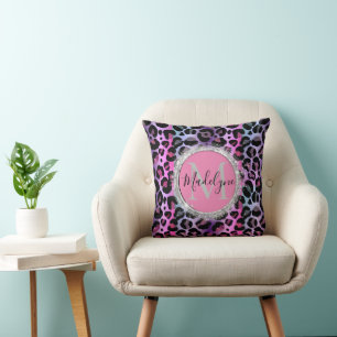 Coussin Glam Leopard rose et violet Monogramme