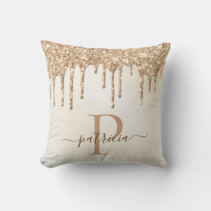 Coussin Glam Or Paillettes Gouttes Élégant Monogramme