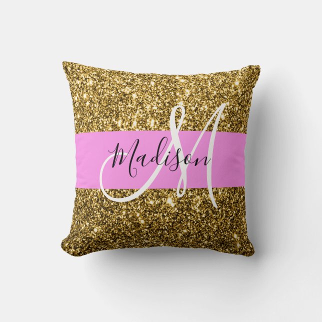 Coussin Glam Parties scintillant rose et or étincelles Nom (Recto)