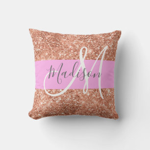 Coussin Glamour Féminin Rose Pêche Or Paillettes Monogramm