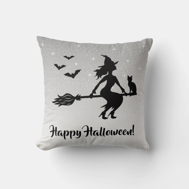 Coussin Glamour Sorcière Gris Et Noir Joyeux Halloween (Recto)
