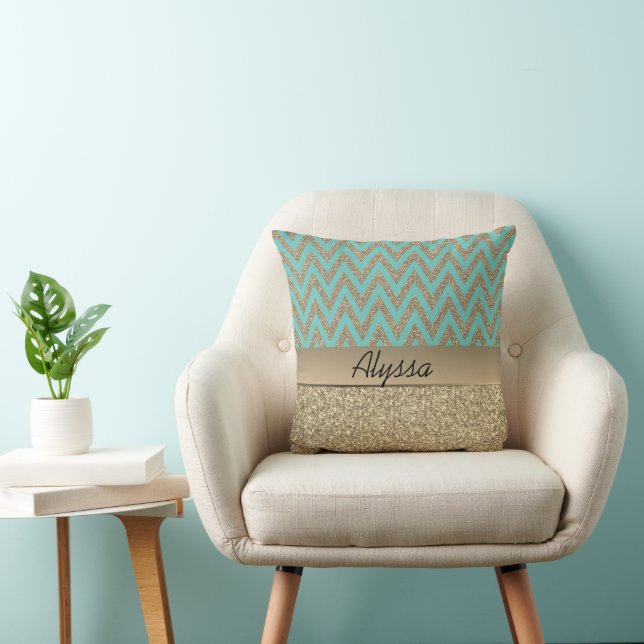 Coussin Glitterie de chevron turquoise et or (Chaise)