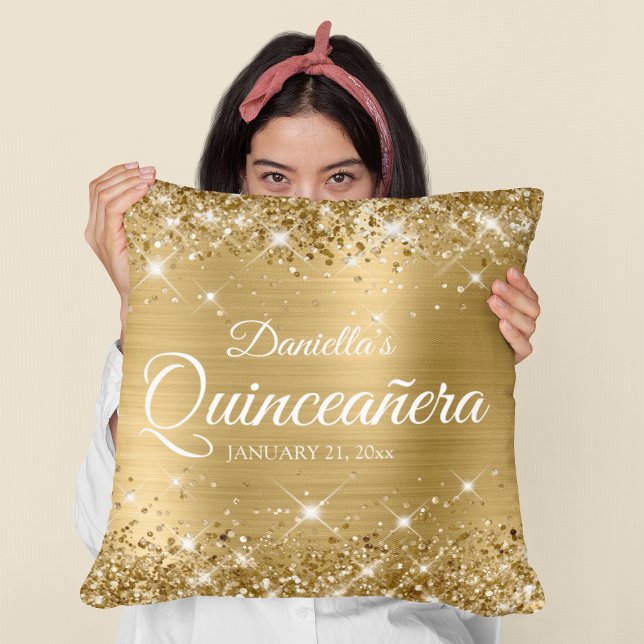 Coussin Glittery Gold Foil 15 Quinceañera (Birthday Gift for your Girl)
