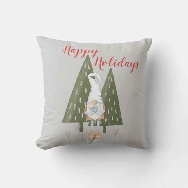 Coussin Gnome de la forêt de Noël Joyeuses Fêtes Gris (Recto)