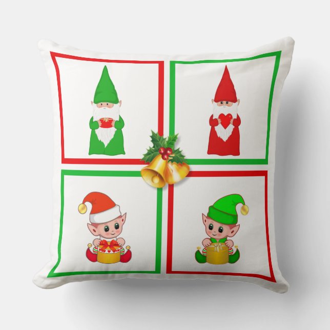 Coussin gnomes et elfes de Noël sur blanc, vert et rouge (Recto)