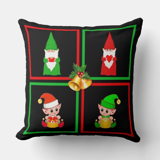 Coussin gnomes et elfes de Noël sur noir, vert et rouge (Recto)