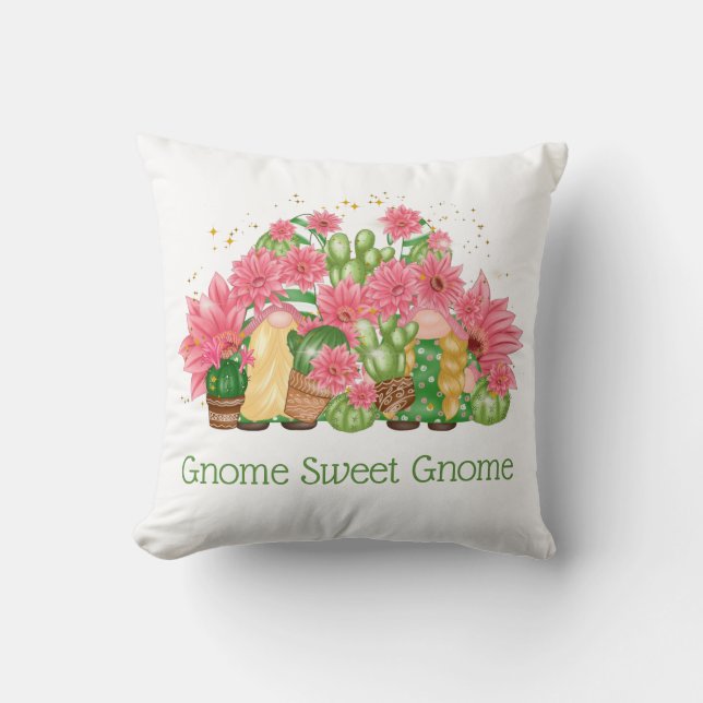 Coussin Gnomes rose et vert Gnome Sweet Gnome (Recto)