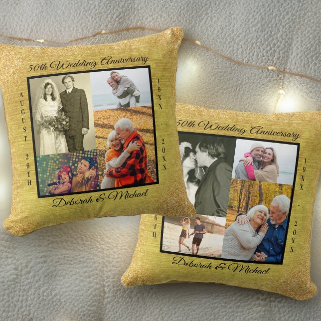 Coussin Gold 50th Mariage Anniversary 8 Photo Collage (Double-sided photo pillow for golden wedding anniversary with 4 or 8 different photos)