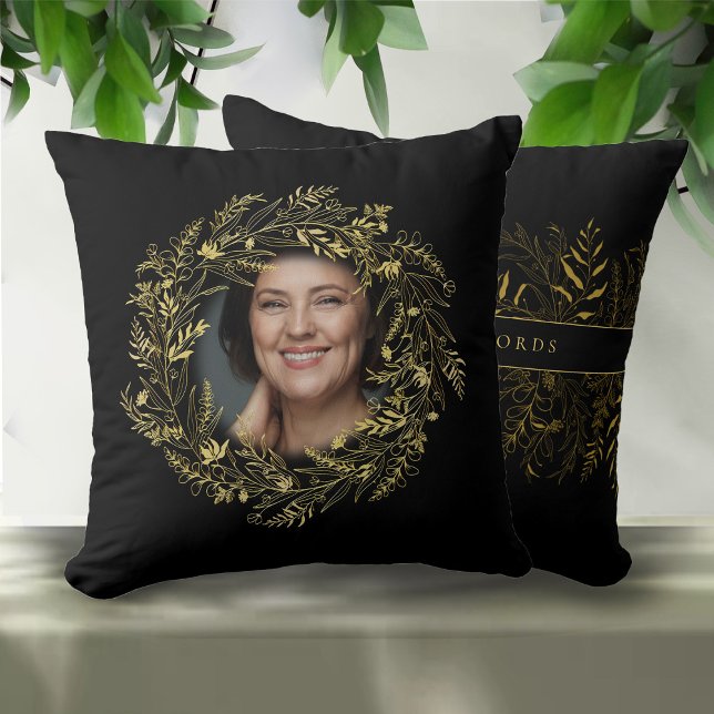 Coussin Gold and Black Botanical Frame Custom Photo (Créateur téléchargé)